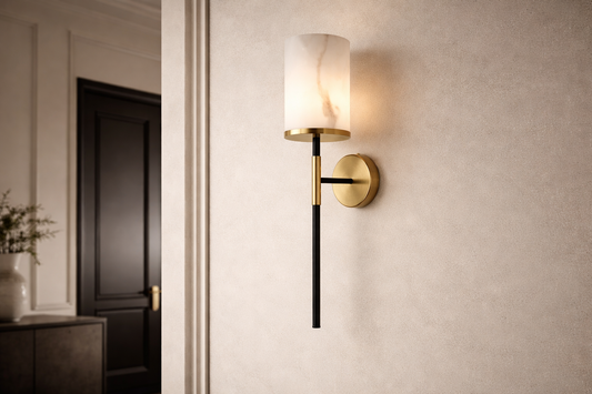Callum Wall Light - Alabaster Effect, Brass & Black