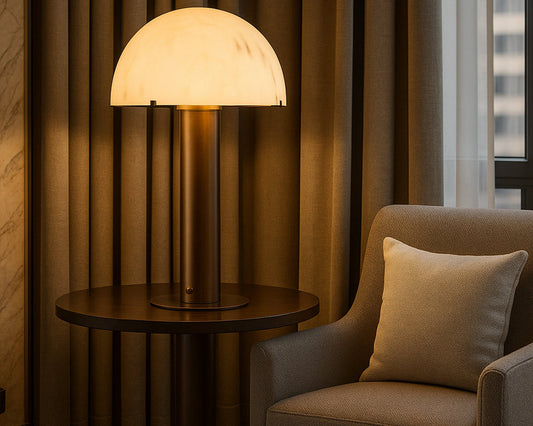 Aston Table Lamp - Alabaster Effect and Antique Brass