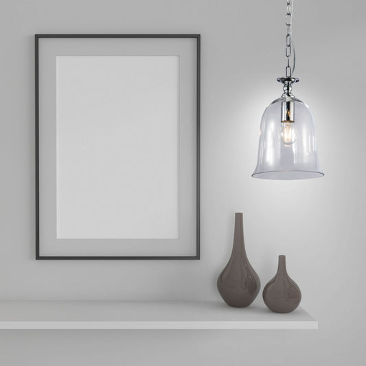 Bell 1 Light Clear Glass Pendant Polished Chrome