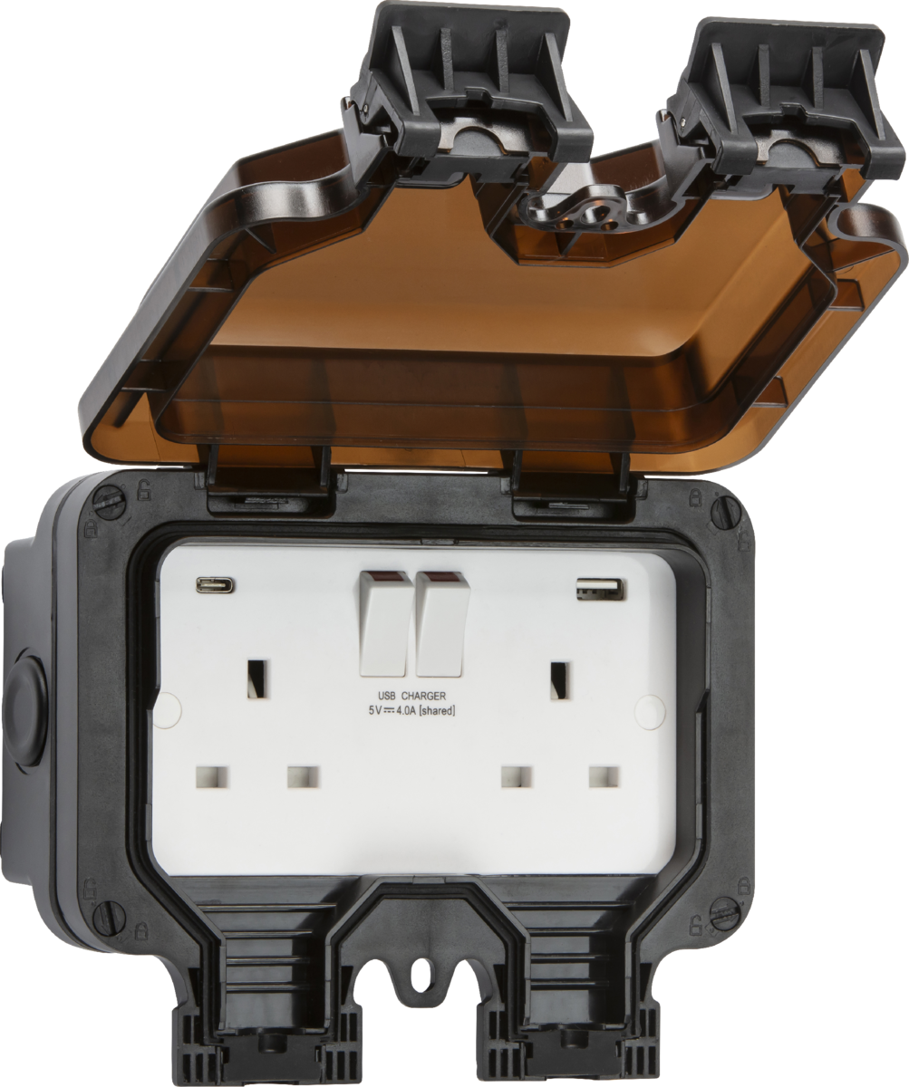 IP66 13A 2G SP Switched Socket with Dual USB A+C [5V DC4.0A shared]