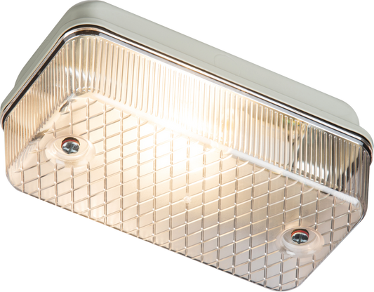 IP65 100W max (ES) E27 Bulkhead with Clear Prismatic Diffuser and White Aluminium Base
