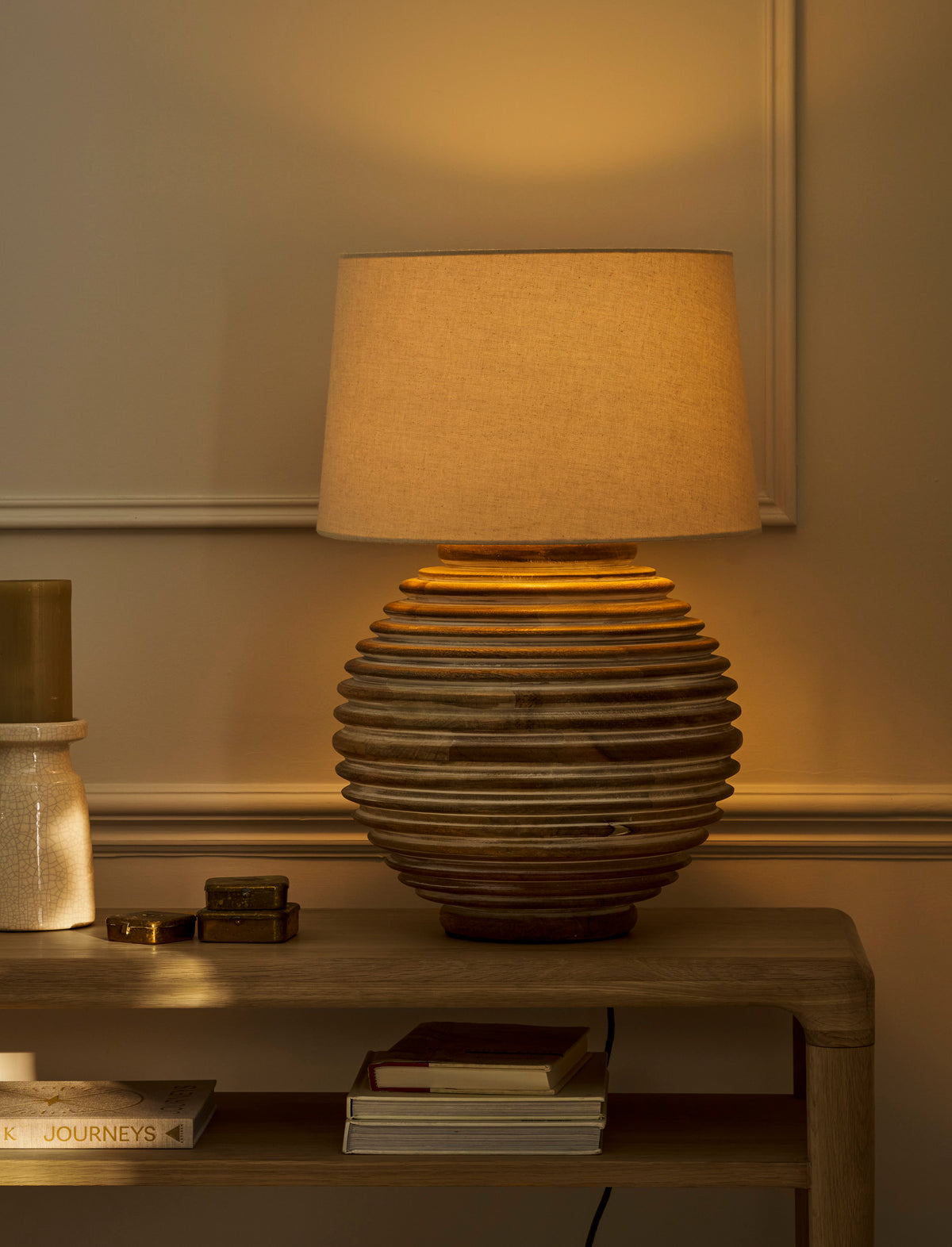 Brookend Ridged Table Lamp - Mango Wood, White Wash