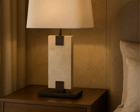 Madison Table Lamp - Travertine and Off White Linen