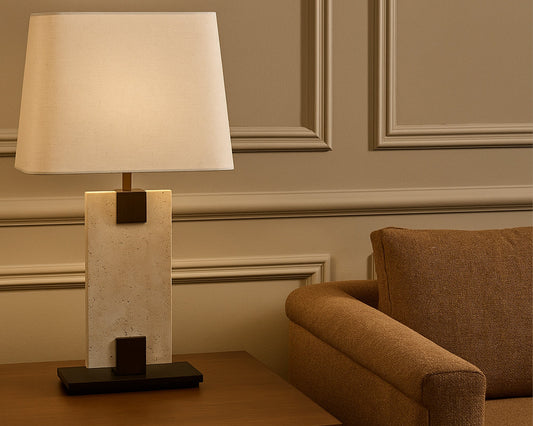 Madison Table Lamp - Travertine and Off White Linen