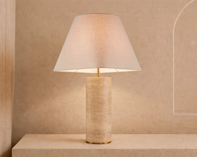 Corina Table Lamp - Travertine Marble and Textured Linen