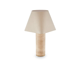 Corina Table Lamp - Travertine Marble and Textured Linen