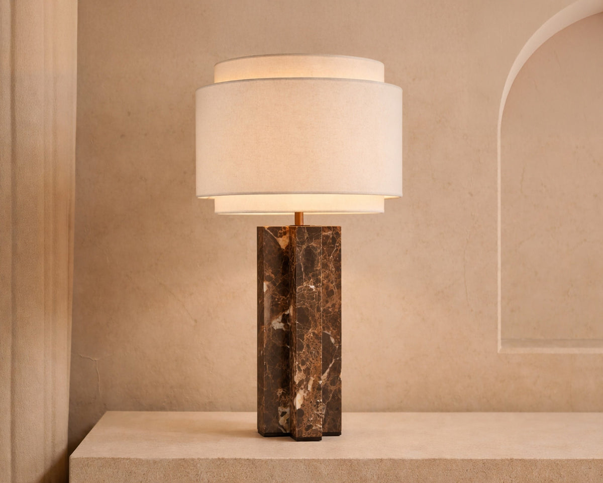 Asos Table Lamp - Brown Emperador Marble and Textured Linen