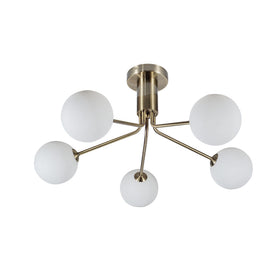 Lando 5 Light Semi Flush Antique Brass with Opal Ball