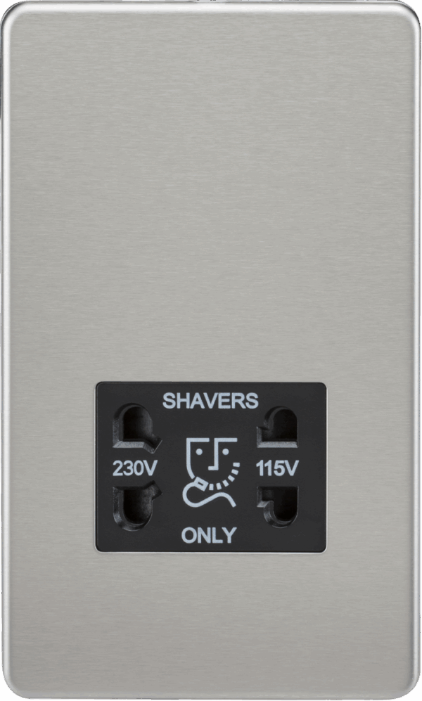 115V/230V Dual Voltage Shaver Socket - Brushed Chrome with Black Insert