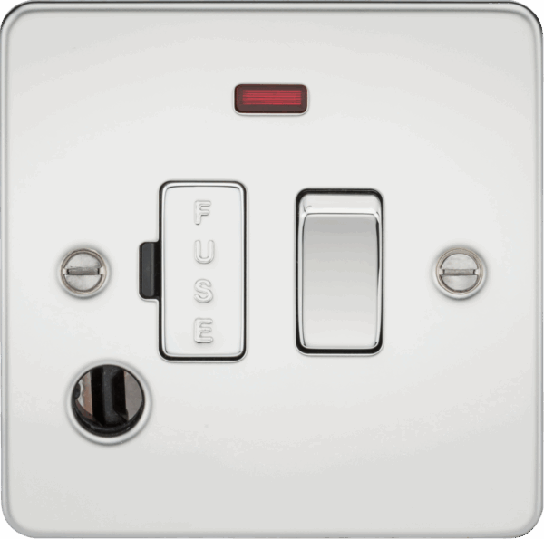 Flat Plate 13A switched fused spur unit with neon and flex outlet - polished chrome