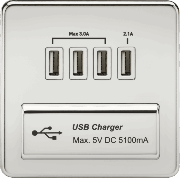 230V Quad USB-A Charger Outlet (5V DC 5.1A shared) - Polished Chrome with White Insert