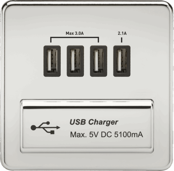 230V Quad USB-A Charger Outlet (5V DC 5.1A shared) - Polished Chrome with Black Insert