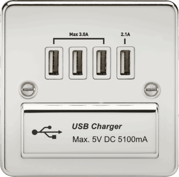 230V Quad USB-A Charger Outlet (5V DC 5.1A shared) - Polished Chrome with White Insert