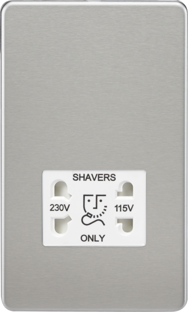 115V/230V Dual Voltage Shaver Socket - Brushed Chrome with White Insert