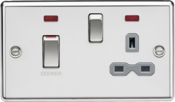 45A DP switch and 13A switched socket with neons - polished chrome with grey insert