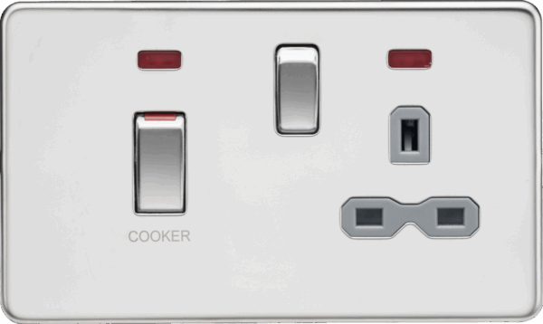 45A DP Switch & 13A Socket with Neons - Polished Chrome with Grey Insert