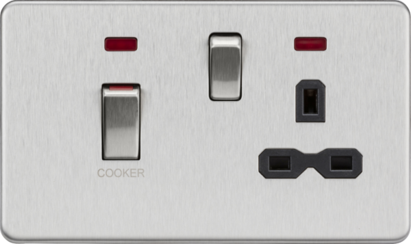 45A DP Switch & 13A Socket with Neons - Brushed Chrome with Black Insert