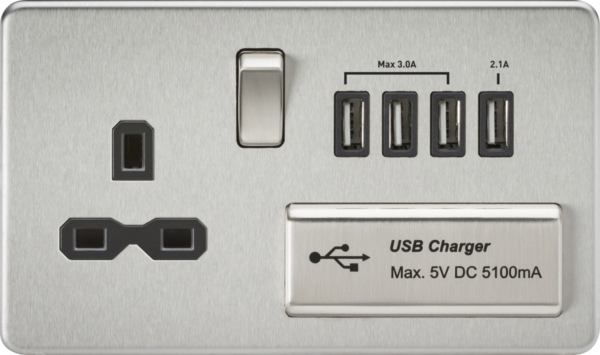 13A Switched Socket with Quad USB-A (5V DC 5.1A shared) - Brushed Chrome with Black Insert