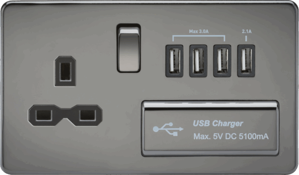 13A Switched Socket with Quad USB-A (5V DC 5.1A shared) - Black Nickel with Black Insert