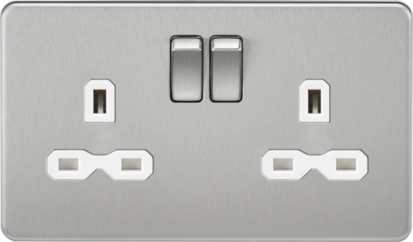 13A 2G DP Switched Socket with Twin Earths - Brushed Chrome with White Insert