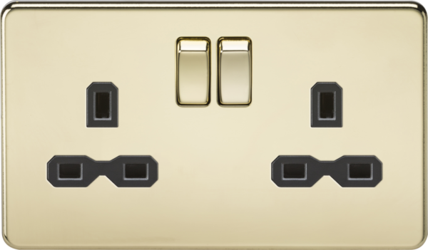 13A 2G DP Switched Socket with Twin Earths - Polished Brass with Black Insert