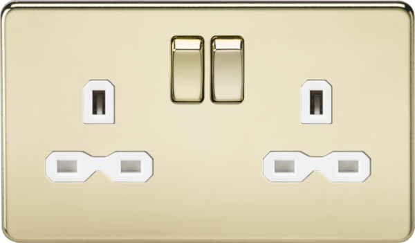 13A 2G DP Switched Socket with Twin Earths - Polished Brass with White Insert
