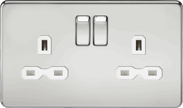 13A 2G DP Switched Socket with Twin Earths - Polished Chrome with White Insert