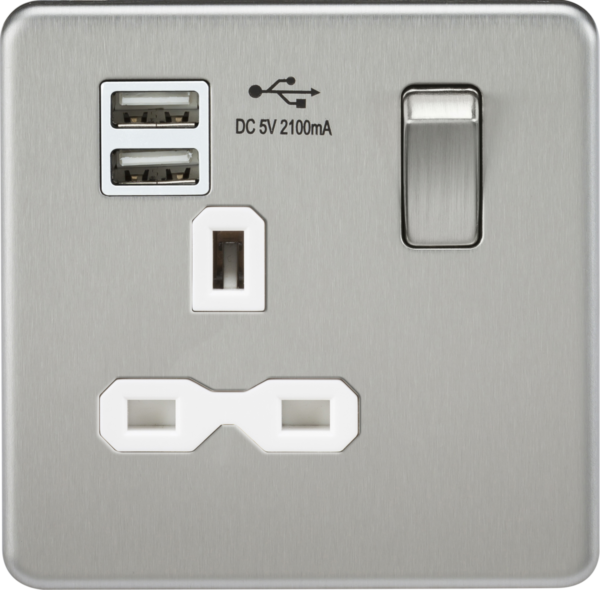 13A 1G SP Switched Socket with Dual USB A+A (5V DC 2.1A shared) - Brushed Chrome with White Insert