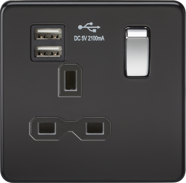 13A 1G SP Switched Socket with Dual USB A+A (5V DC 2.1A shared) - Matt Black with Chrome Rocker