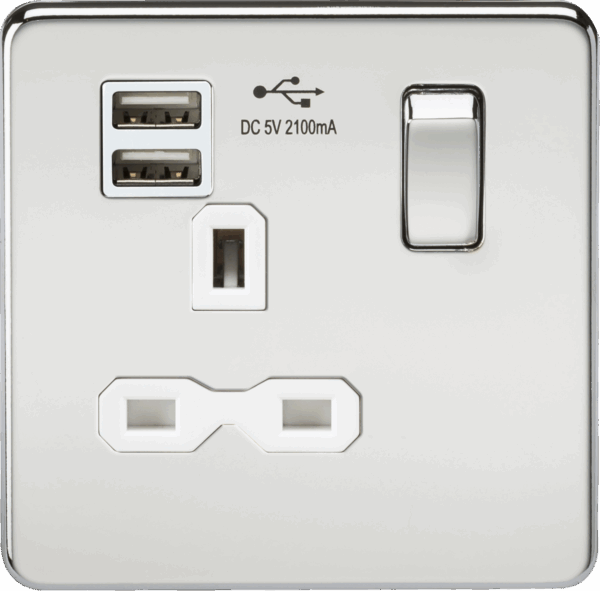 13A 1G SP Switched Socket with Dual USB A+A (5V DC 2.1A shared) - Polished Chrome with White Insert