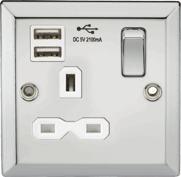 13A 1G Switched Socket Dual USB Charger Slots with White Insert - Bevelled Edge Polished Chrome