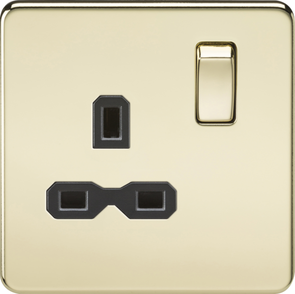 13A 1G DP Switched Socket - Polished Brass with Black Insert