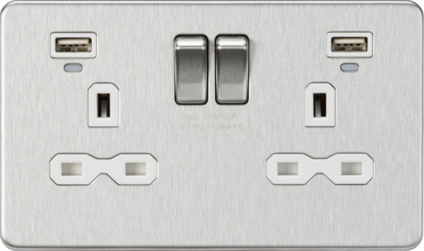 13A 2G Switched Socket, Dual USB (2.4A) with LED Charge Indicators - Brushed Chrome w/white insert