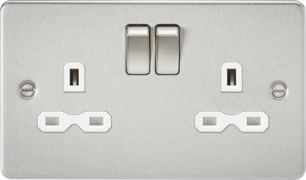 13A 2G DP Switched Socket with Twin Earths - Brushed Chrome with White Insert