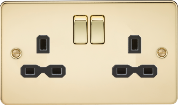 13A 2G DP Switched Socket with Twin Earths - Polished Brass with Black Insert