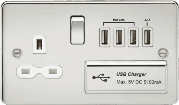 13A Switched Socket with Quad USB-A (5V DC 5.1A shared) - Polished Chrome with White Insert