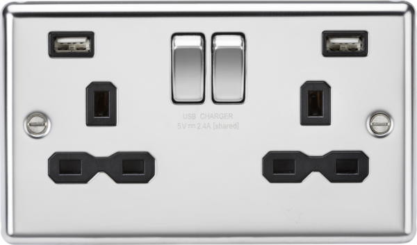 13A 2G SP Switched Socket with Dual USB A+A (5V DC 2.4A shared) - Polished Chrome with Black Insert