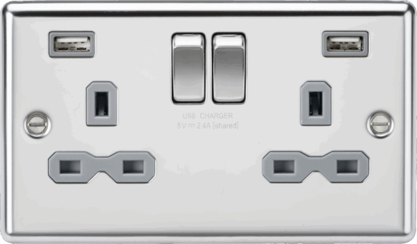 13A 2G SP Switched Socket with Dual USB A+A (5V DC 2.4A shared) - Polished Chrome with Grey Insert