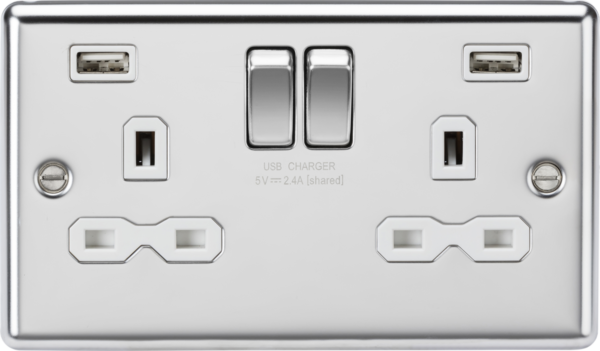 13A 2G SP Switched Socket with Dual USB A+A (5V DC 2.4A shared) - Polished Chrome with White Insert