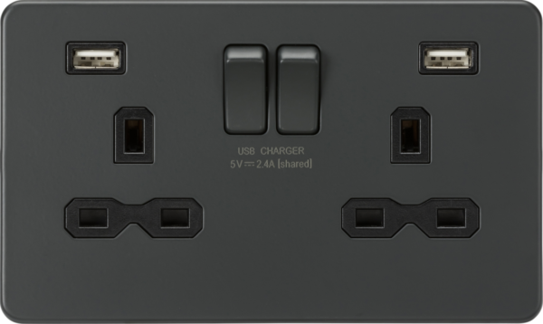 13A 2G SP Switched Socket with Dual USB A+A (5V DC 2.4A shared) - Anthracite with Black Insert