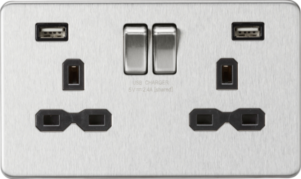 13A 2G SP Switched Socket with Dual USB A+A (5V DC 2.4A shared) - Brushed Chrome with Black Insert