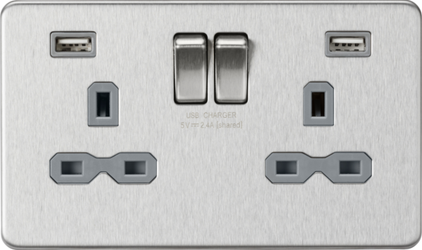 13A 2G SP Switched Socket with Dual USB A+A (5V DC 2.4A shared) - Brushed Chrome with Grey Insert