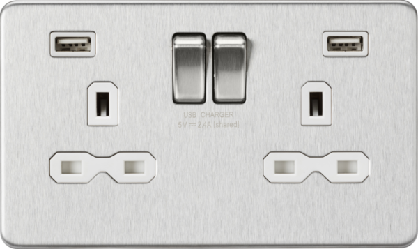 13A 2G SP Switched Socket with Dual USB A+A (5V DC 2.4A shared) - Brushed Chrome with White Insert