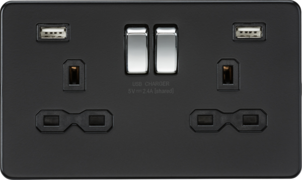 13A 2G SP Switched Socket with Dual USB A+A (5V DC 2.4A shared) - Matt Black with Chrome Rockers