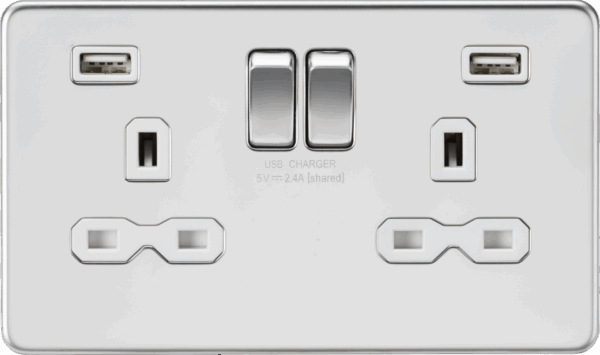 13A 2G SP Switched Socket with Dual USB A+A (5V DC 2.4A shared) - Polished Chrome with White insert