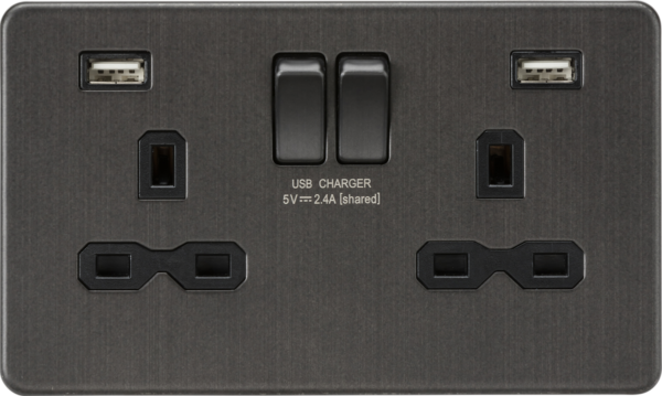 13A 2G SP Switched Socket with Dual USB A+A (5V DC 2.4A shared) - Smoked Bronze with Black Insert