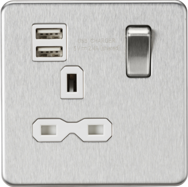 13A 1G SP Switched Socket with Dual USB A+A (5V DC 2.4A shared) - Brushed Chrome with White Insert