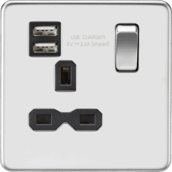 13A 1G SP Switched Socket with Dual USB A+A (5V DC 2.4A shared) - Polished Chrome with Black Insert