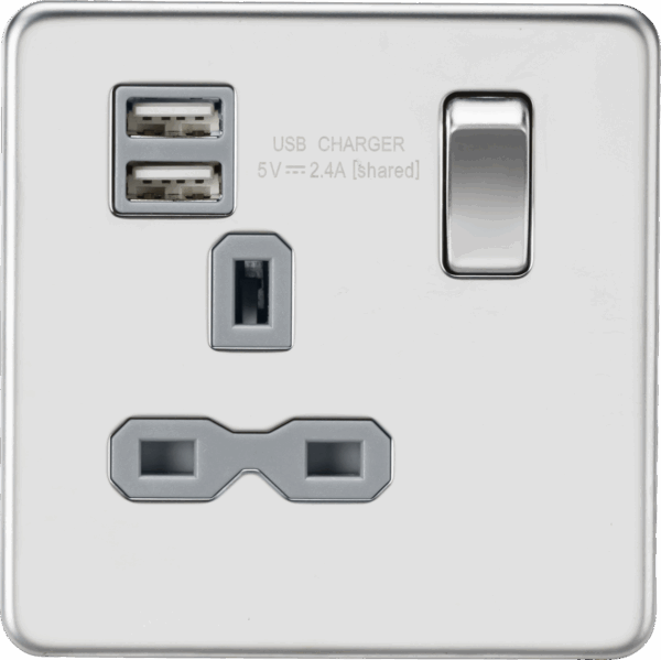 13A 1G SP Switched Socket with Dual USB A+A (5V DC 2.4A shared) - Polished Chrome with Grey Insert