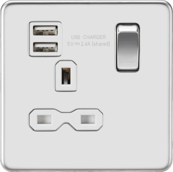 13A 1G SP Switched Socket with Dual USB A+A (5V DC 2.4A shared) - Polished Chrome with White Insert